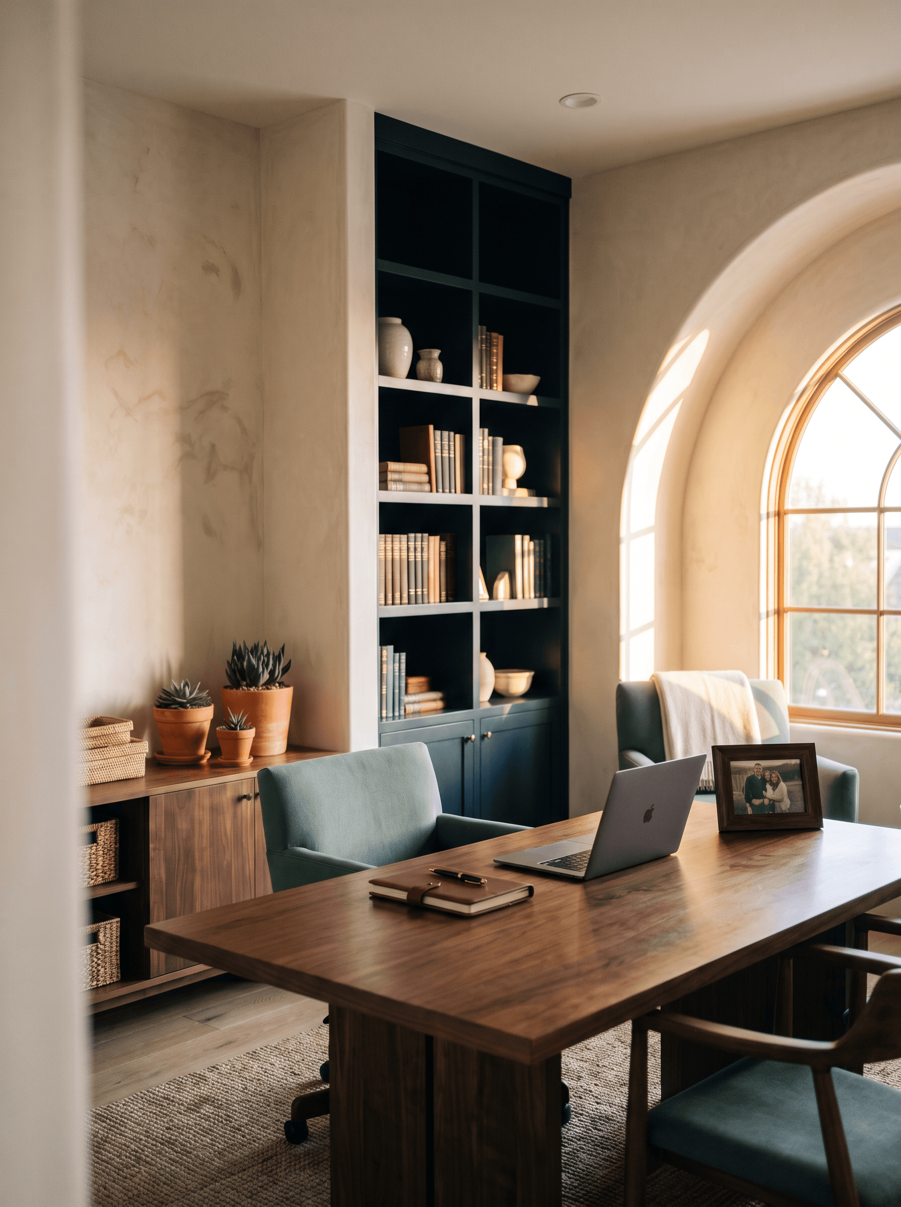 Warm consulting workspace at dawn with notebook, laptop, and subtle personal touches