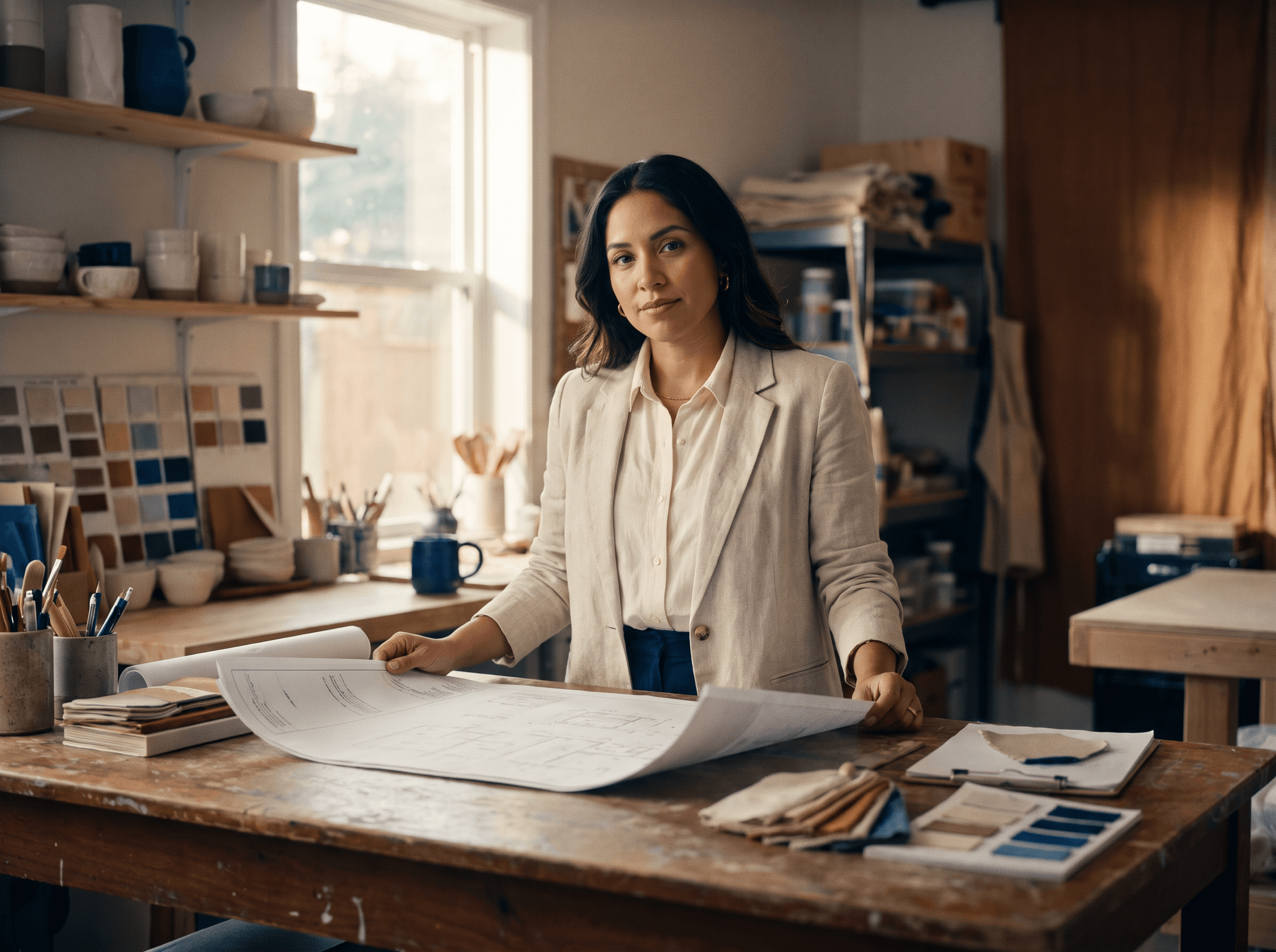 Small-business owner reviewing plans with confidence in a warm workspace
