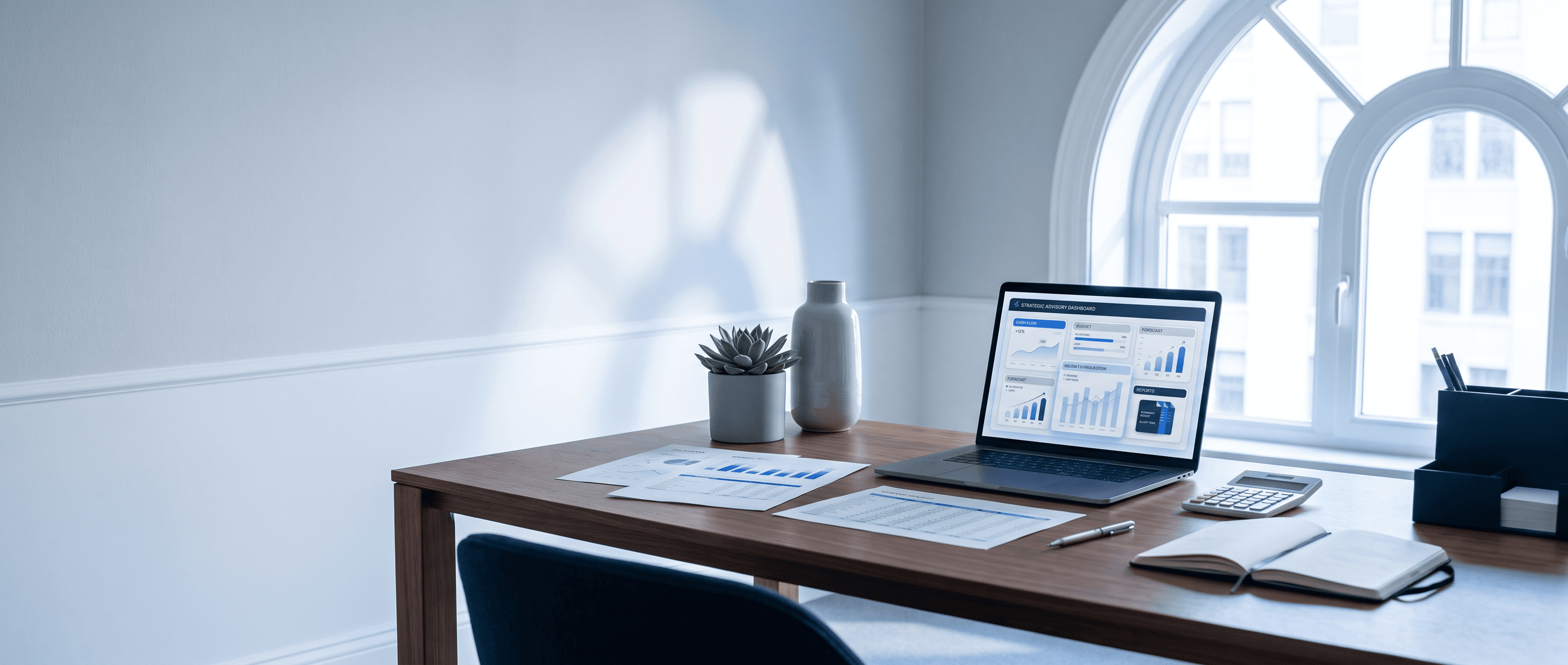 Professional accounting workspace with budget planning materials and soft financial charts, no people
