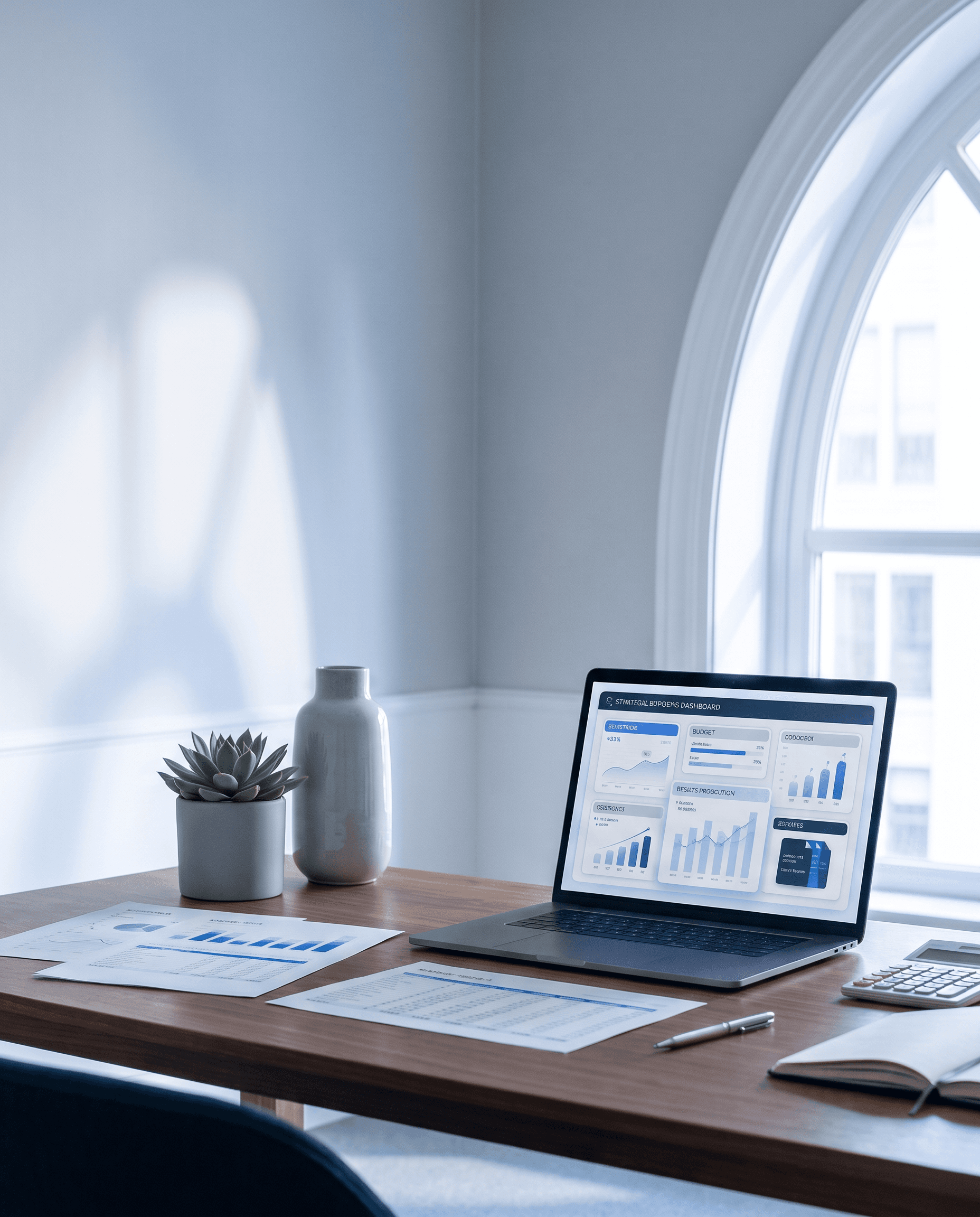 Professional accounting workspace with planning materials and soft financial charts, no people